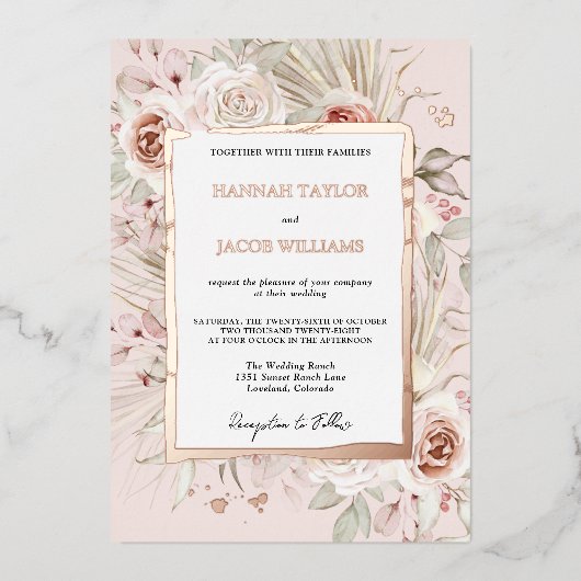 Rose Gold Floral Boho Hochzeit Folieneinladung (Vorderseite)