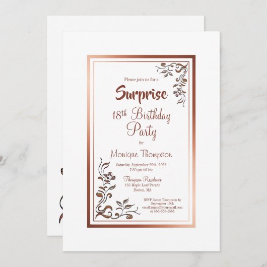 Rose Gold Floral Border Überraschung 18. Geburtsta Einladung (Vorne/Hinten)