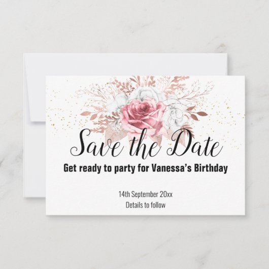 ROSE GOLD FLORAL BOUQUET GOLD SAVE THE DATE RSVP KARTE (Vorderseite)