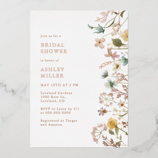 Rose Gold Floral Brautparty Folieneinladung (Vorderseite)