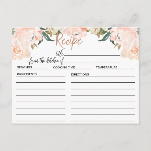Rose Gold Floral Brautparty Rezept Karte (Vorderseite)