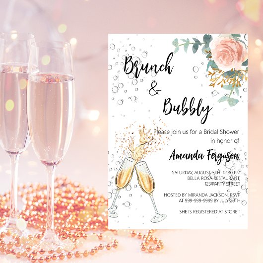 Rose Gold Floral Brunch Bubbly Brautparty Einladung