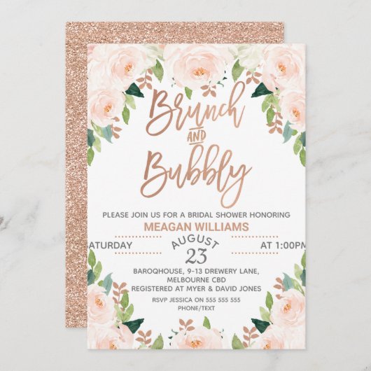 Rose Gold Floral Brunch Bubbly Bridal Einladung (Vorne/Hinten)