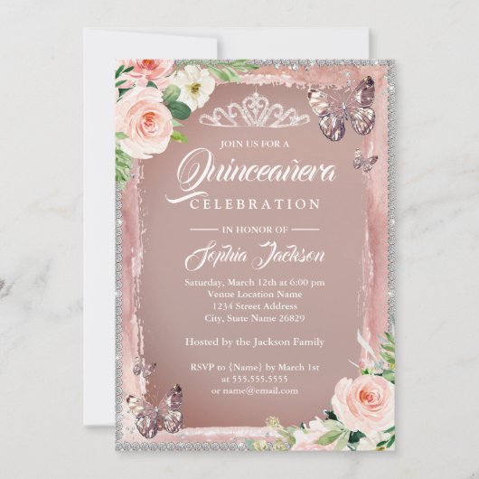 Rose Gold Floral Butterfly Quinceanera Einladung (Vorderseite)