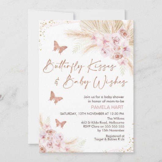 Rose Gold Floral Butterly Kisses Baby Dusche Einladung (Vorderseite)