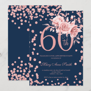 Rose Gold Floral & Confetti 60. Einladung