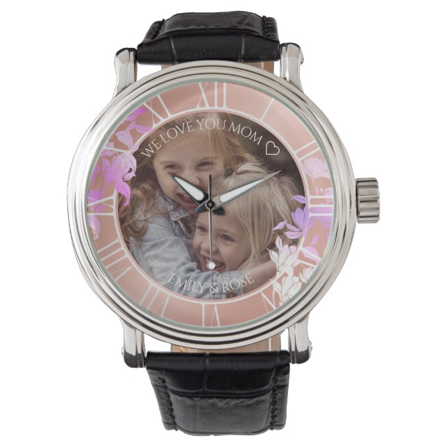 Rose Gold Floral Custom Children Foto Template Armbanduhr (Vorderseite)