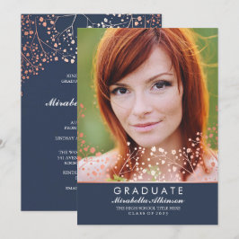 Rose Gold Floral Elegante Navy Foto Abschluss Einladung