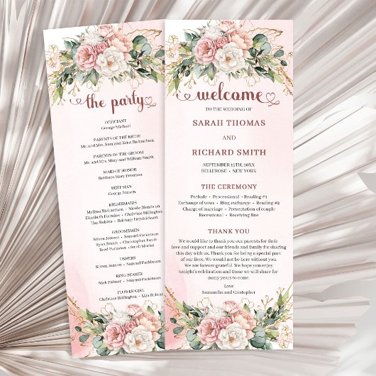 Rose Gold Floral Eucalyptus Elegant Wedding Agenda Programm