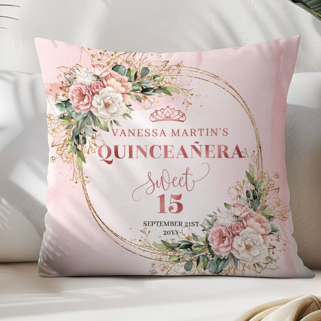 Rose Gold Floral Eucalyptus Quinceañera Pillow Kissen (Elegant Rose Gold Floral Quinceañera 15th Birthday Pillow)
