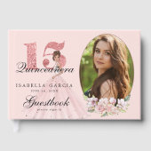 Rose Gold Floral & Foto Quinceñera Personalisiert Gästebuch (Vorderseite)