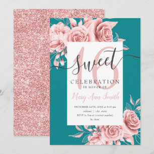 Rose Gold Floral & Glitzer Sweet 16 Script Aquamar Einladung