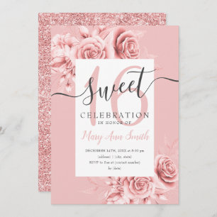 Rose Gold Floral & Glitzer Sweet 16 Script Blush Einladung