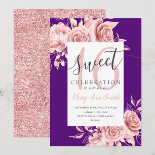 Rose Gold Floral & Glitzer Sweet 16 Script Lila Einladung