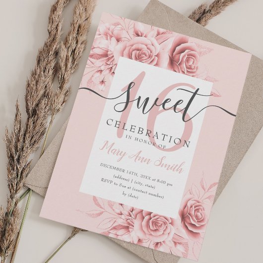 Rose Gold Floral & Glitzer Sweet 16 Script Rosa Einladung