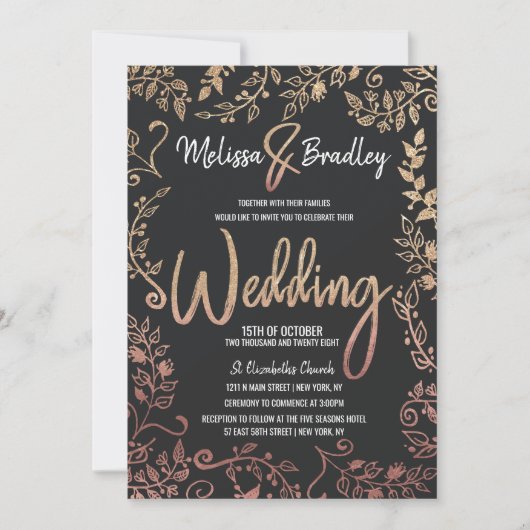 Rose Gold Floral Gold Glitzer Ombre Wedding Einladung (Vorderseite)