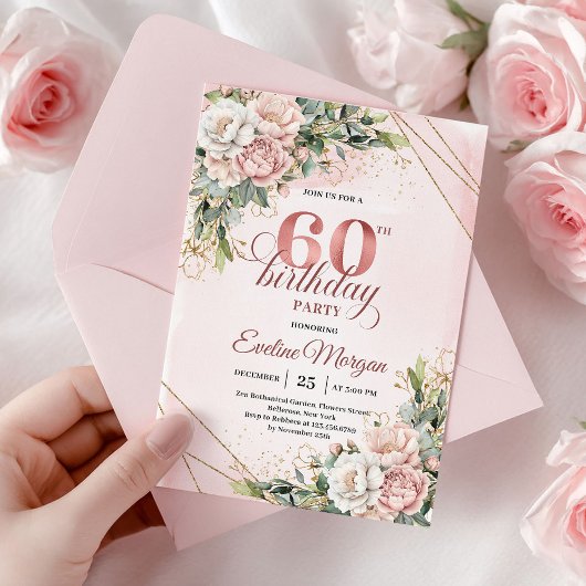 Rose Gold Floral Greenery Watercolor 60th Birthday Einladung