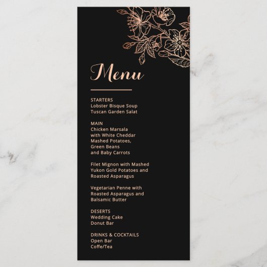 Rose Gold Floral Line Art Black Wedding Menükarte (Vorderseite)
