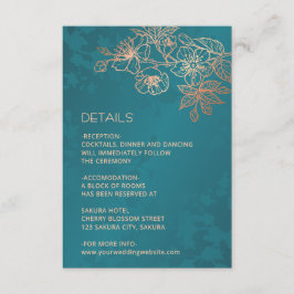 Rose Gold Floral Line Art Teal Wedding Begleitkarte