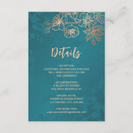 Rose Gold Floral Line Art Teal Wedding Begleitkarte