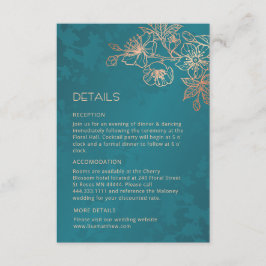 Rose Gold Floral Line Art Teal Wedding Begleitkarte