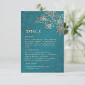 Rose Gold Floral Line Art Teal Wedding Begleitkarte (Stehend Vorderseite)