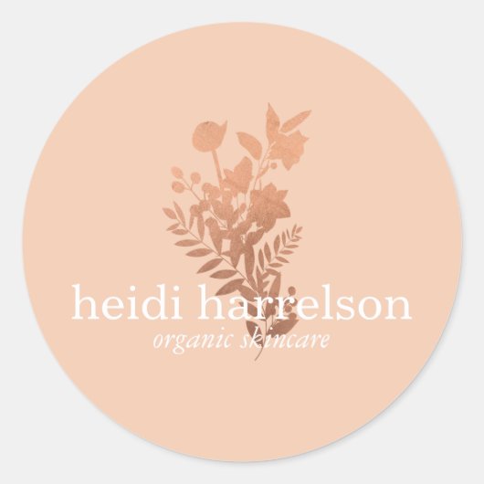 Rose Gold Floral Logo auf Peach Runder Aufkleber (Vorderseite)