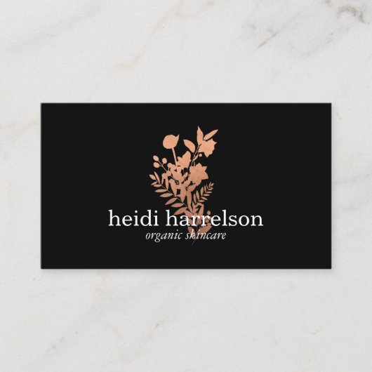 Rose Gold Floral Logo auf Schwarz Visitenkarte (Vorderseite)