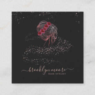 Rose Gold Floral Logo Hair Stylist   elegant Quadratische Visitenkarte
