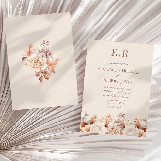 Rose Gold Floral Mousse Monogram Wedding Einladung