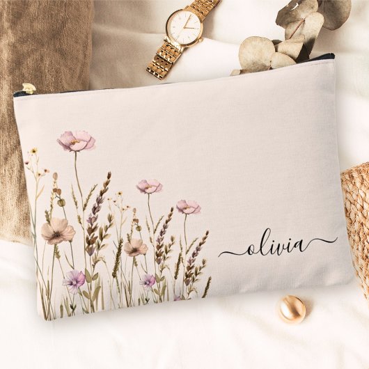 Rose Gold Floral Name Monogram Zubehörtasche
