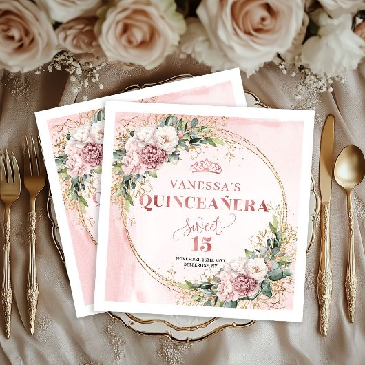 Rose Gold Floral Napkins for Sweet 15 Celebration Serviette