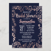 Rose Gold Floral Navy Blue Brush Brautparty Einladung (Vorne/Hinten)