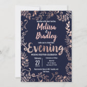Rose Gold Floral Navy Blue Brush Script Abend Einladung (Vorderseite)