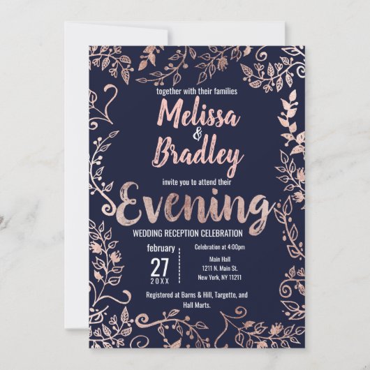 Rose Gold Floral Navy Blue Brush Script Abend Einladung (Vorderseite)