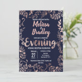 Rose Gold Floral Navy Blue Brush Script Abend Einladung (Stehend Vorderseite)