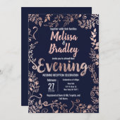 Rose Gold Floral Navy Blue Brush Script Abend Einladung (Vorne/Hinten)