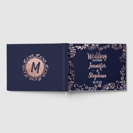 Rose Gold Floral Navy Blue Brush Script Gästebuch (Voll)