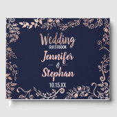 Rose Gold Floral Navy Blue Brush Script Gästebuch (Vorderseite)