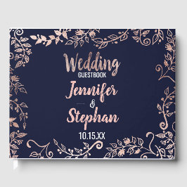 Rose Gold Floral Navy Blue Brush Script Gästebuch