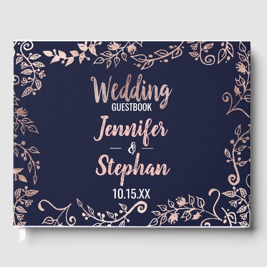Rose Gold Floral Navy Blue Brush Script Gästebuch (Vorderseite)