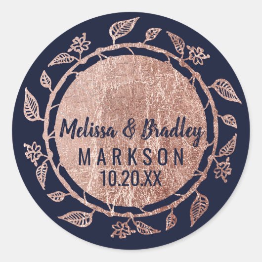Rose Gold Floral Navy Blue Brush Script Hochzeit Runder Aufkleber (Vorderseite)