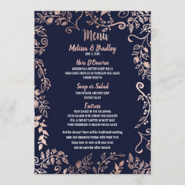 Rose Gold Floral Navy Blue Brush Script Menü Menükarte