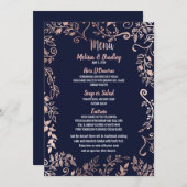 Rose Gold Floral Navy Blue Brush Script Menü Menükarte (Vorne/Hinten)