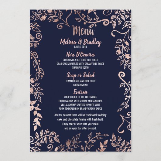 Rose Gold Floral Navy Blue Brush Script Menü Menükarte (Vorderseite)