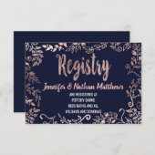 Rose Gold Floral Navy Blue Brush Script Registry Begleitkarte (Vorne/Hinten)