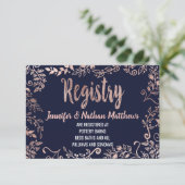 Rose Gold Floral Navy Blue Brush Script Registry Begleitkarte (Stehend Vorderseite)