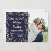 Rose Gold Floral Navy Blue Brush Script Rett Date Einladung (Vorderseite)