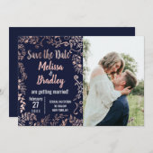 Rose Gold Floral Navy Blue Brush Script Rett Date Einladung (Vorne/Hinten)