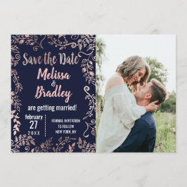 Rose Gold Floral Navy Blue Brush Script Rett Date Einladung